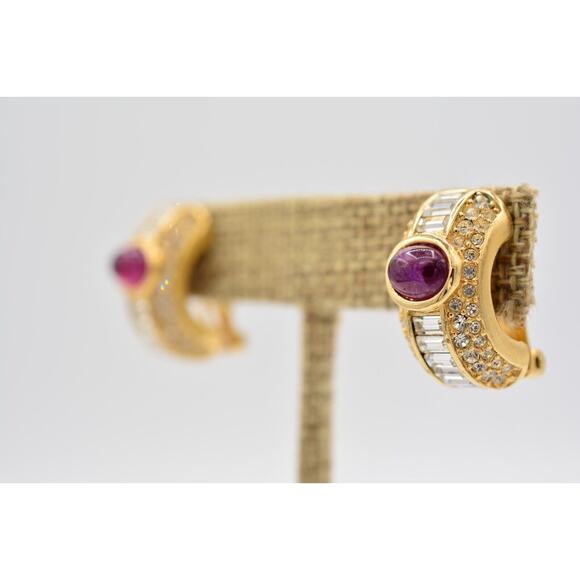 Christian Dior Vintage Cabochon Clip On Earrings Baguette Crystal Signed BinAO - Picture 2 of 12